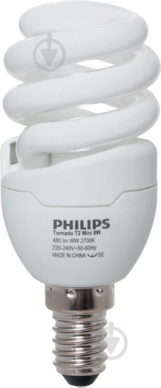 Лампа КЛЛ Philips Tornado mini 2 штуки в упаковке T2 8 Вт E14 2700 К 220 В 9,29689E+11 - фото 1