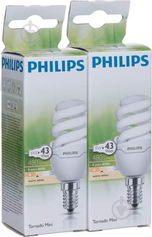 Лампа КЛЛ Philips Tornado mini 2 штуки в упаковке T2 8 Вт E14 2700 К 220 В 9,29689E+11 - фото 2