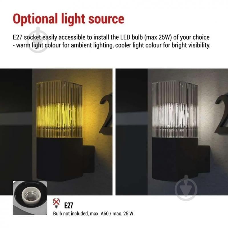 Светильник садовый Emos светодиодный настенный E27 25 Вт IP54 антрацит ZGL010P - фото 5 Светильник садовый Emos светодиодный настенный E27 25 Вт IP54 антрацит ZGL010P - фото 5