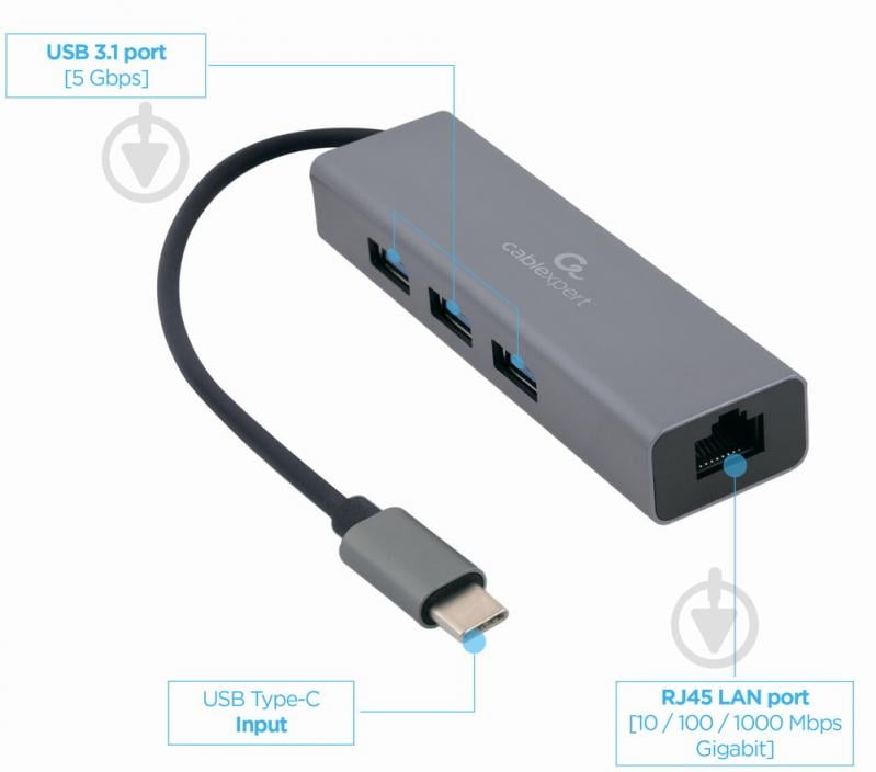 Адаптер Cablexpert A-CMU3-LAN-01 с USB-С на Gigabit Ethernet, 3 Ports USB 3.1 - фото 2