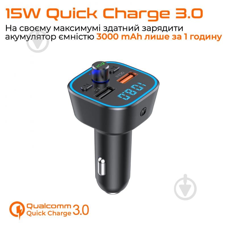 FM-трансмітер Vortex VO2101 USB QC3.0/USB OTG/microSD Black (VO2101) - фото 4