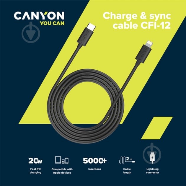 Кабель Canyon CFI-12 Type C to Lightning, 5V3A, 9V2.22A, PD20W 2 м black (CNE-CFI12B) - фото 2