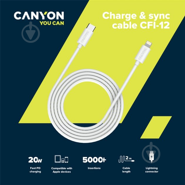 Кабель Canyon CFI-12 Type C to Lightning, 5V3A, 9V2.22A, PD20W 2 м white (CNE-CFI12W) - фото 3