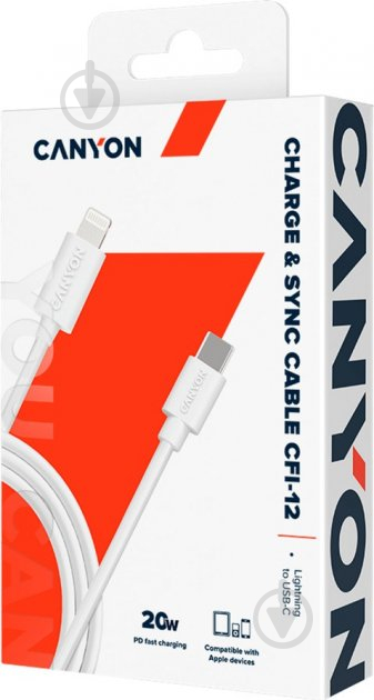 Кабель Canyon CFI-12 Type C to Lightning, 5V3A, 9V2.22A, PD20W 2 м white (CNE-CFI12W) - фото 2