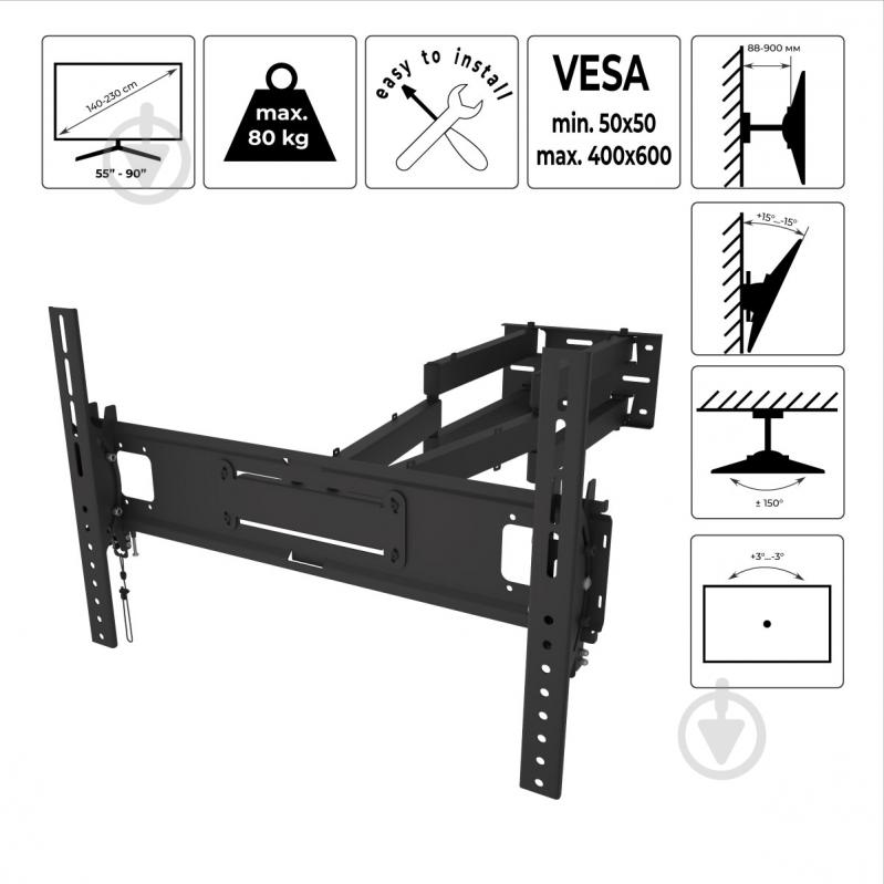 Кріплення для телевізора HausMark TWRA-446 поворотно-похилі 55"-90" чорний - фото 11
