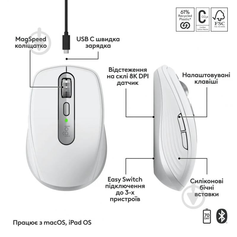 Мишка Logitech MX Anywhere 3S for Mac Wireless pale grey (910-006946) - фото 2