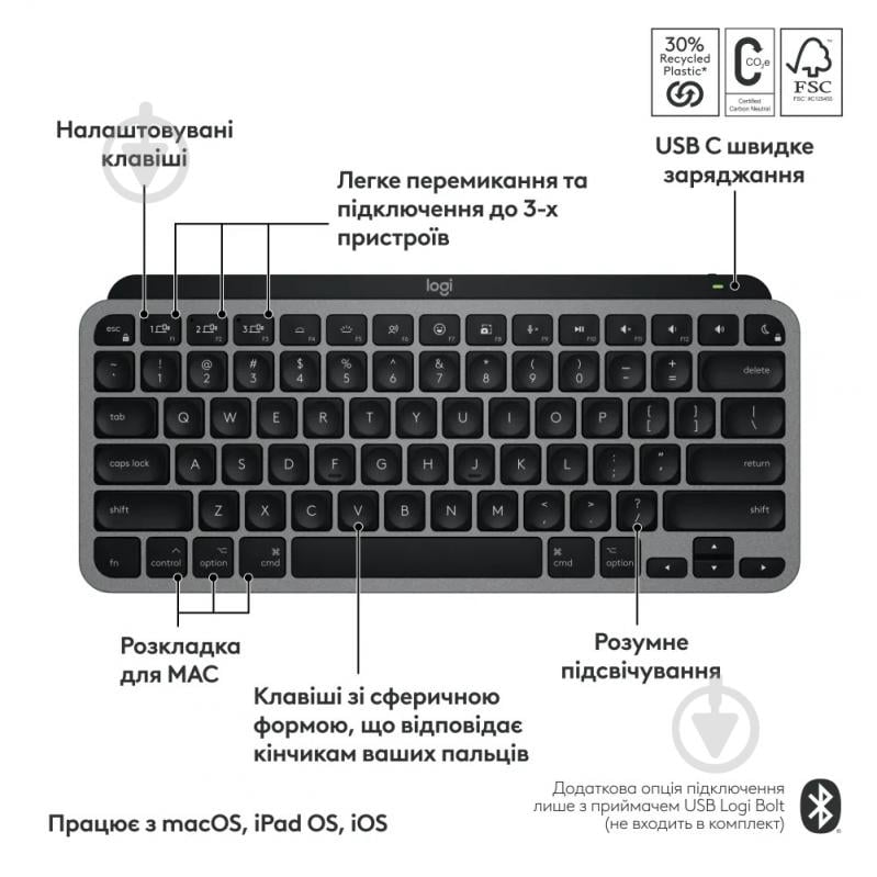 Клавиатура беспроводная Logitech MX Keys Mini For Mac Minimalist Wireless Illuminated (920-012652) space grey - фото 6