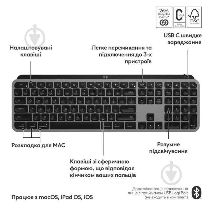 Клавиатура беспроводная Logitech MX Keys S for Mac Wireless (920-011637) space grey - фото 6