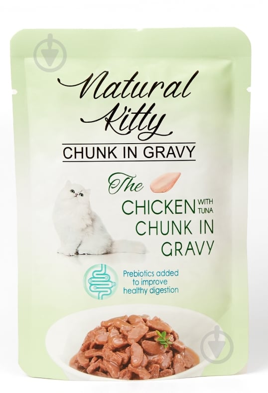 Корм вологий для котів Natural Kitty Chunk шматочки курки та тунця з курячою печінкою у соусі 85 г - фото 1
