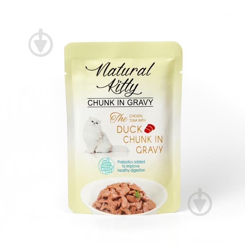 Корм вологий для котів Natural Kitty Шматочки курки та тунця з качкою та печінкою у соусі 85 г - фото 1