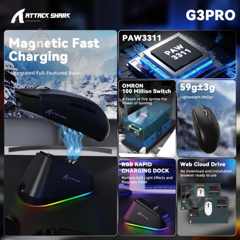 Мышь attack shark G3 PRO Wireless/Bluetooth black (G3PROB_AS) - фото 8