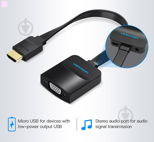 Адаптер Vention Flat HDMI-VGA зі звуком і живленням 0,2 м чорний (ACKBB) - фото 3