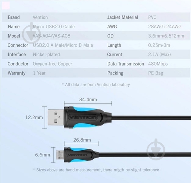 Кабель Vention USB-A 2.0 - microUSB B 1 м черный (VAS-A04-B100-N) - фото 10 Кабель Vention USB-A 2.0 - microUSB B 1 м черный (VAS-A04-B100-N) - фото 10