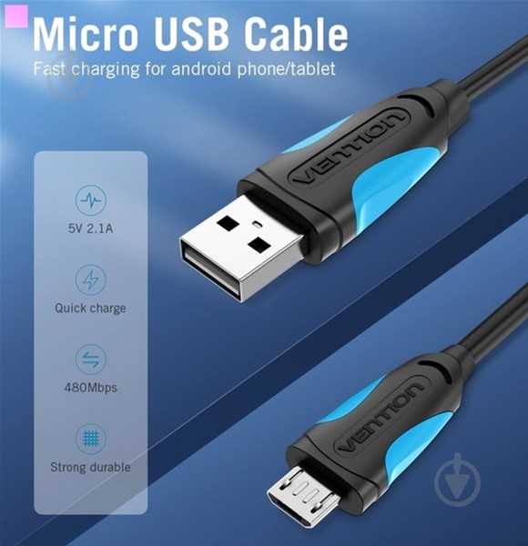 Кабель Vention USB-A 2.0 - microUSB B 1 м черный (VAS-A04-B100-N) - фото 3 Кабель Vention USB-A 2.0 - microUSB B 1 м черный (VAS-A04-B100-N) - фото 3