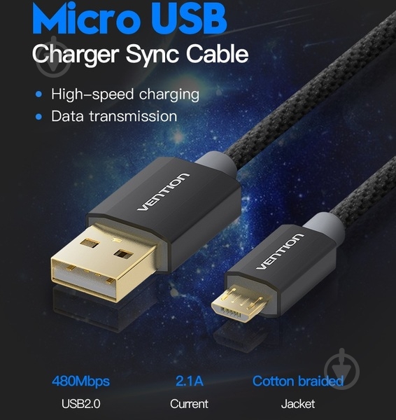 Кабель Vention USB-A 2.0 - microUSB B, 2 м черный (CADBH) - фото 11 Кабель Vention USB-A 2.0 - microUSB B, 2 м черный (CADBH) - фото 11
