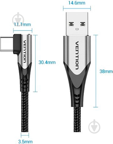 Кабель Vention USB Type-C - USB, прямой угол 1 м черный (COEHF) - фото 3