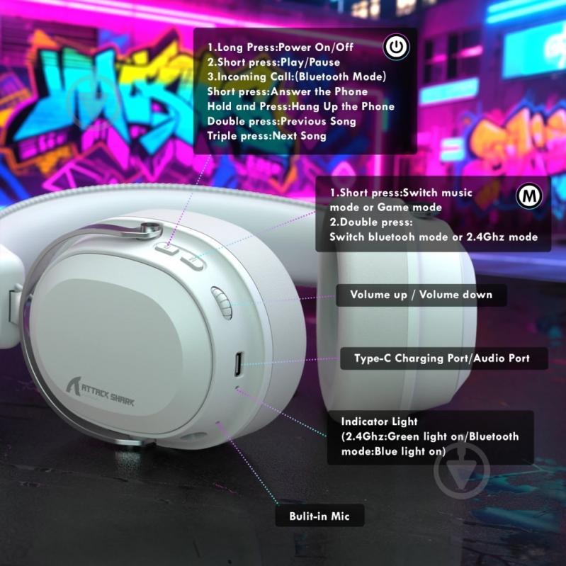 Гарнитура игровая attack shark L30PRO Wireless white (L30PROW_AS) - фото 7