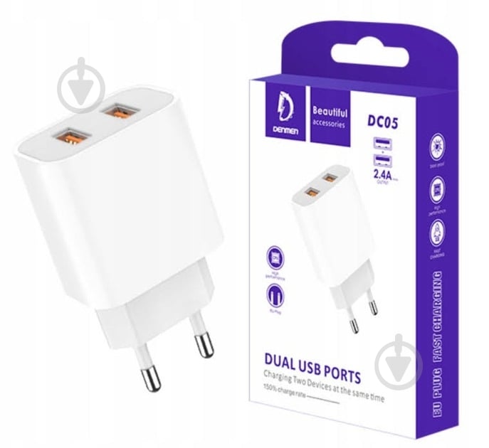 Сетевое зарядное устройство Denmen DC05 2xUSB Type-A 2.4A White (6973224871944) - фото 3