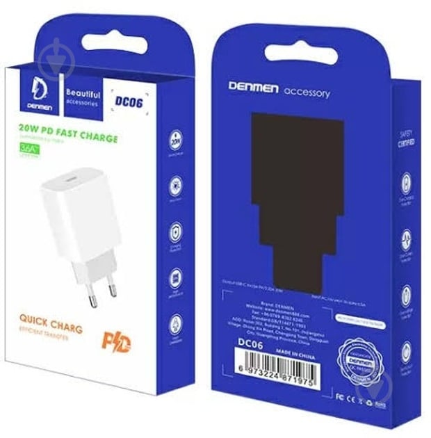 Мережевий зарядний пристрій Denmen DC06 USB Type-С PD 20W White (6973224872002) - фото 4