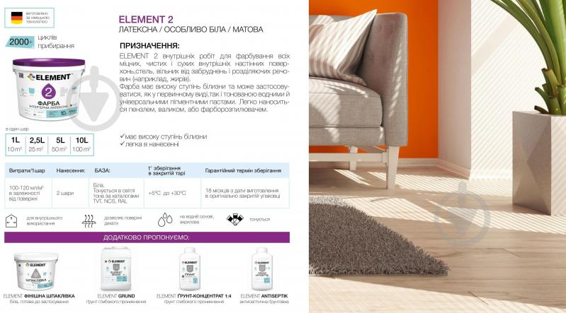 Фарба латексна водоемульсійна Element 2 мат білий 10 л - фото 3