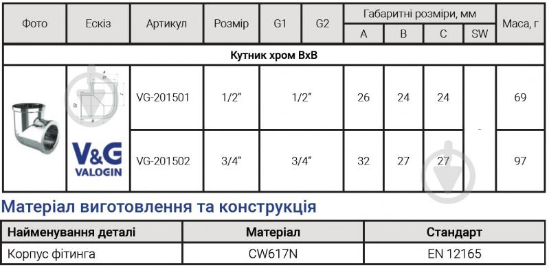 Уголок ВВ V&G VALOGIN 3/4"х3/4" хромированный VG-201502 - фото 2 Уголок ВВ V&G VALOGIN 3/4"х3/4" хромированный VG-201502 - фото 2