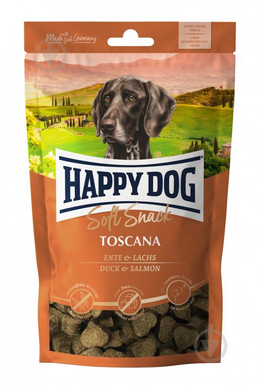 Ласощі HappyDog 100 г м'які закуски для собак середніх та великих порід з качкою та лососем - фото 1 Ласощі HappyDog 100 г м'які закуски для собак середніх та великих порід з качкою та лососем - фото 1