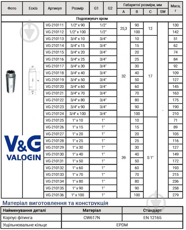 Удлинитель ВН V&G VALOGIN 1/2"x80 мм хромированный VG-210110 - фото 3