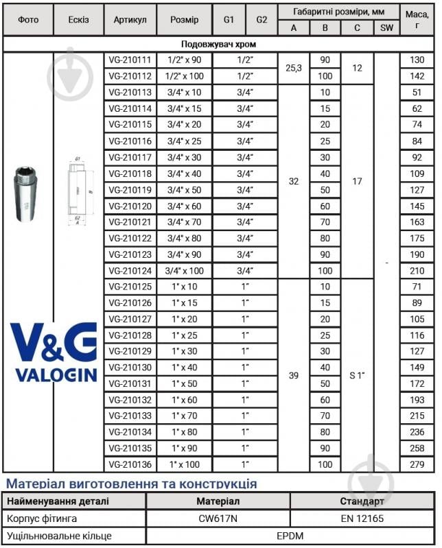 Подовжувач ВЗ V&G VALOGIN 1/2"x100 мм хромований VG-210112 - фото 3