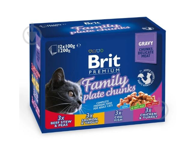 Корм Brit Premium Cat pouch семейная тарелка 4 вкуса (12 шт. х 100 г) мясо и мясные субпродукты 1,2 кг - фото 1