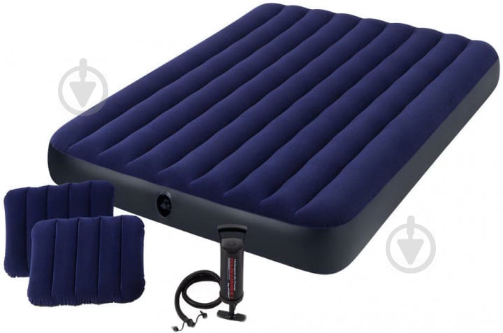 Комплект Матрац надувний Intex Велюр з подушками та насосом 152х203см Синій (64765) - фото 1