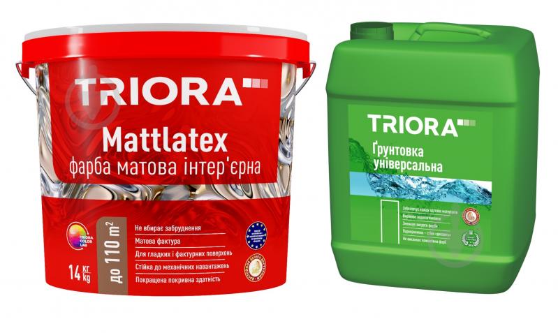Краска интерьерная акриловая Triora Mattlatex белая 14 кг + Грунтовка универсальная Triora 10 л - фото 1 Краска интерьерная акриловая Triora Mattlatex белая 14 кг + Грунтовка универсальная Triora 10 л - фото 1