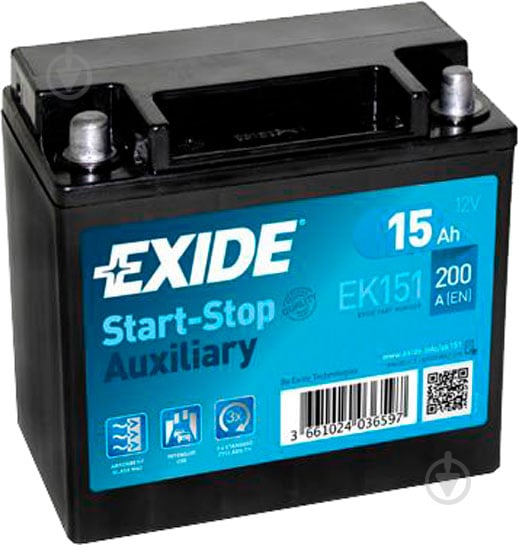 Акумулятор автомобільний EXIDE Start-Stop Auxiliary AGM 15Ah 200A 12V EK151 «+» ліворуч (EK151) - фото 1