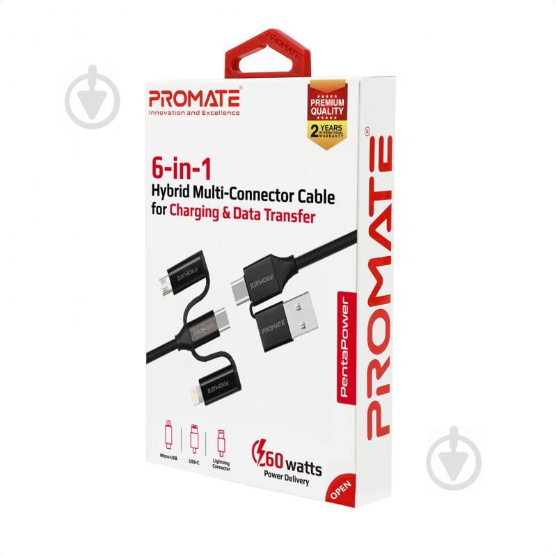 Кабель Promate PentaPower USB-C/USB to USB-C/microUSB/Lightning 1,2 м чорний (pentapower.black) - фото 7