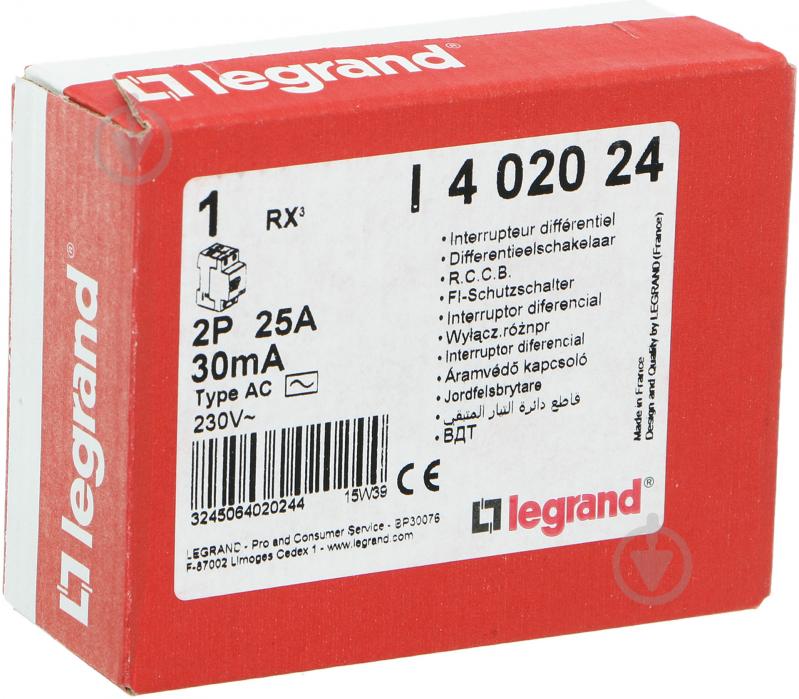 Диференційне реле Legrand RX3 30 мА 25 А 2p AC 402024 - фото 2