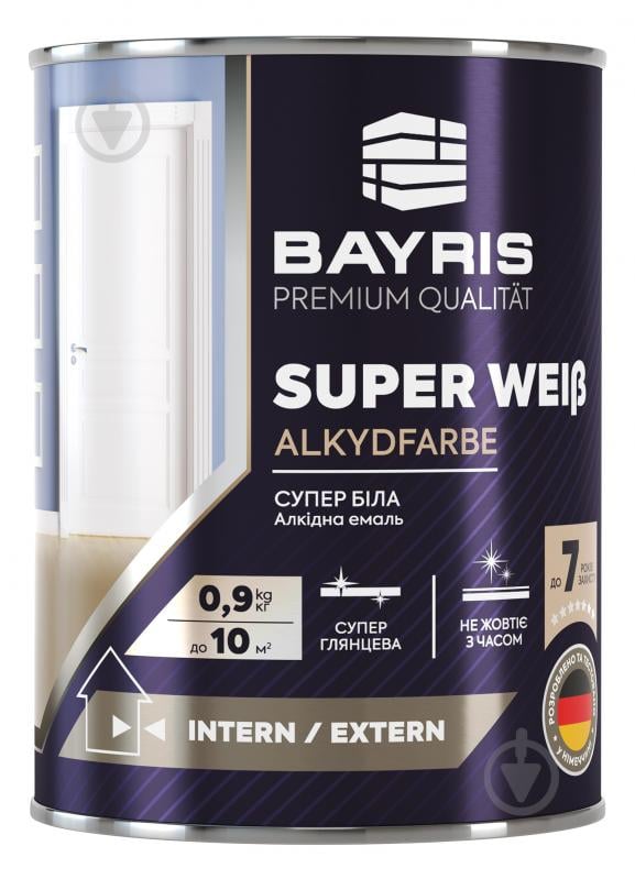 Эмаль универсальная алкидная Bayris Super Weiss белый высокий глянец 0,9 кг - фото 1