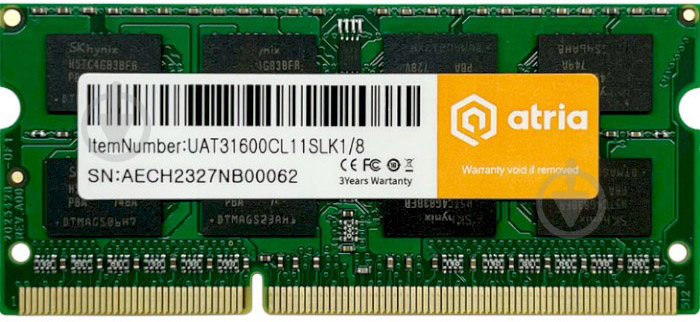 Оперативна пам'ять ATRIA SODIMM DDR3 8 GB (1x8GB) 1600 MHz (UAT31600CL11SLK1/8) - фото 1