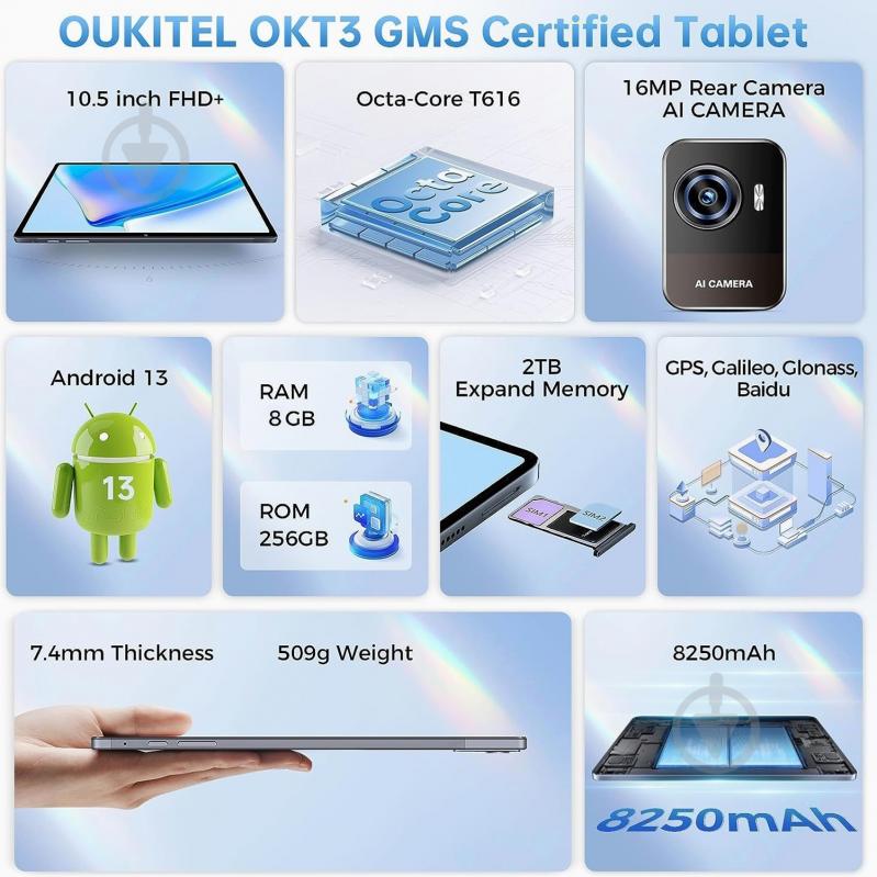 Планшет Oukitel OKT3 10,5" 8/256GB LTE/Wi-Fi/Dual Sim blue (6931940725293) - фото 10