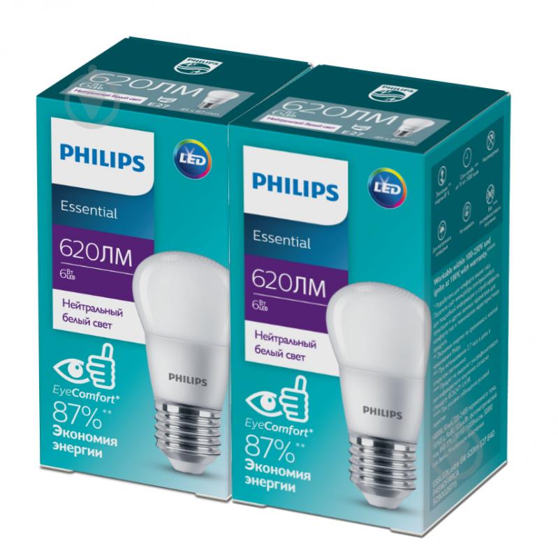 Лампа светодиодная Philips P45 620lm (2 шт.) 6 Вт P45 матовая E27 220 В 4000 К 929002971507/2 - фото 1