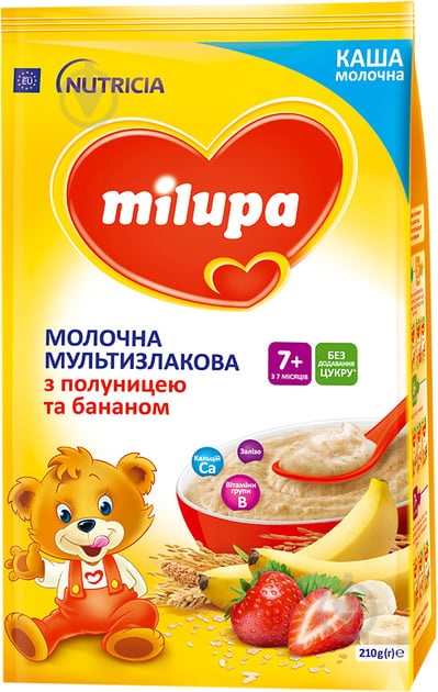 Каша молочна Milupa від 7 місяців Мультизлакова з полуницею-бананом 210 г - фото 1