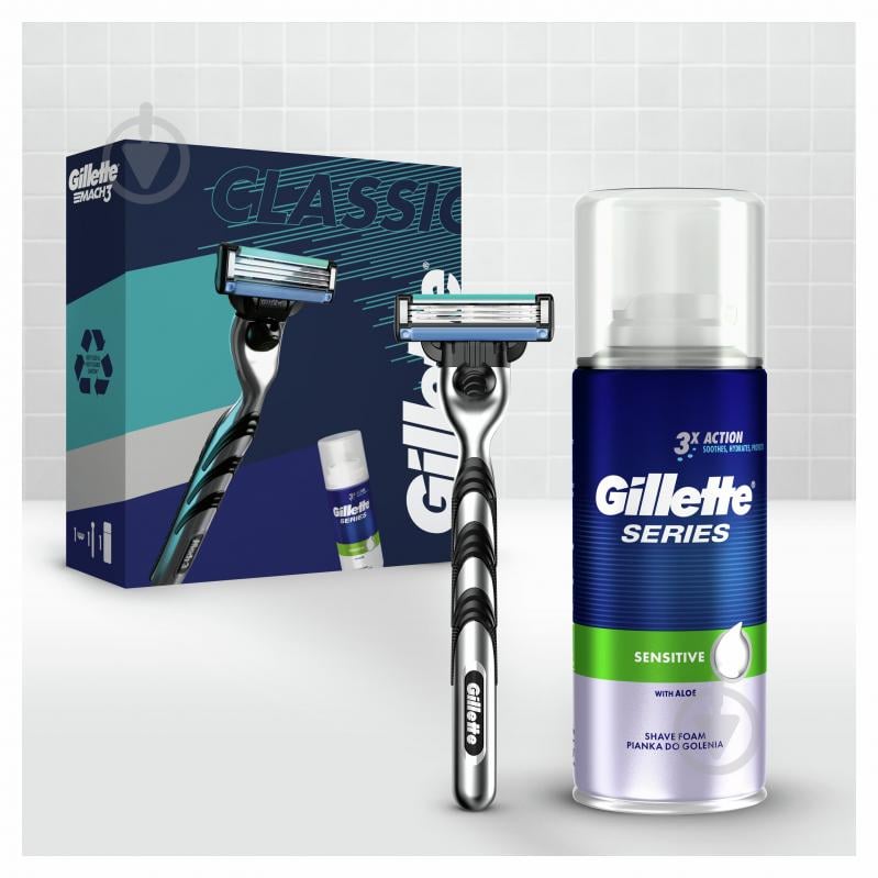 Набір подарунковий для чоловіків Gillette Mach3: бритва з 1 змінною касетою + піна для гоління 100 мл - фото 1