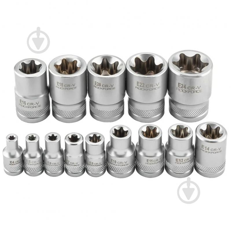 Набор головок Е-профиль 1/4", 3/8", 1/2" (Е4-Е24) Rock FORCE 15 шт. RF-4158 - фото 2 Набор головок Е-профиль 1/4", 3/8", 1/2" (Е4-Е24) Rock FORCE 15 шт. RF-4158 - фото 2