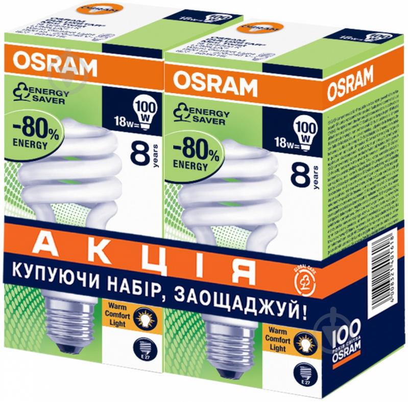 Лампа КЛЛ Osram mini Twist 2 штуки в упаковке 20 Вт E27 2700 К 240 В 4052899916395 - фото 1