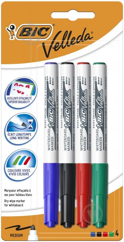 Маркер для белой доски BIC Velleda 4 шт. разноцветный 875593 - фото 1