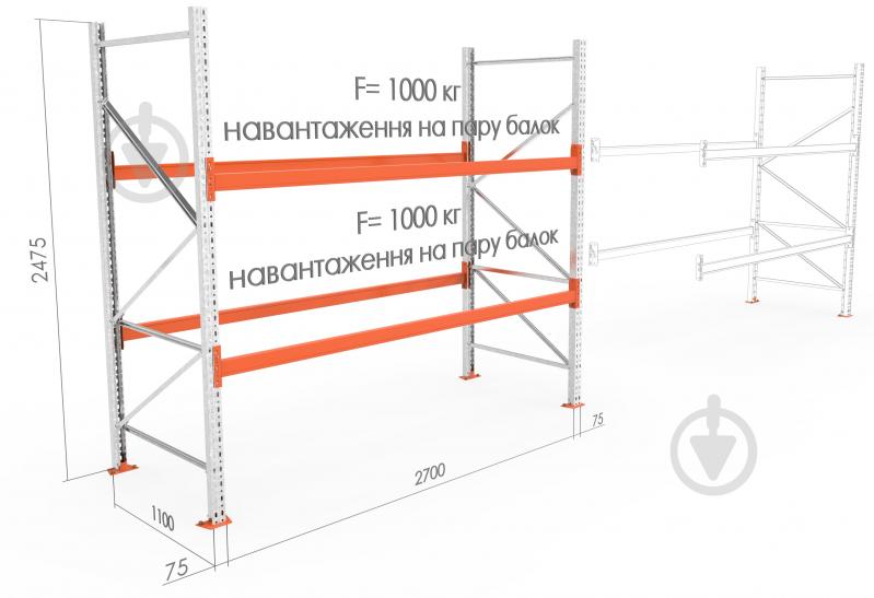 Стеллаж паллетный SHPR на 2 уровне 2475x2700x1100 мм (основная секция) - фото 3