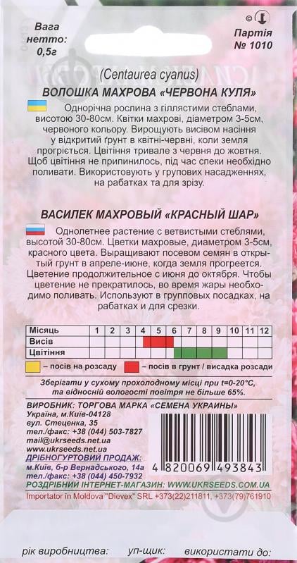 Насіння Насіння України волошка махрова Червона куля 0,5 г - фото 2