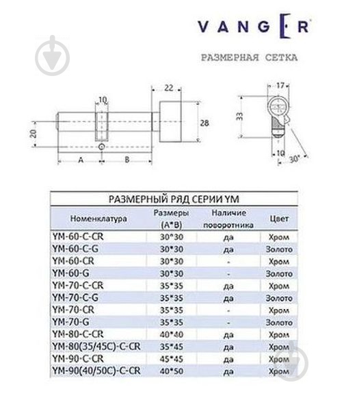 Циліндр Vanger EL-80-C-Ni 40x40 ключ-вороток 80 мм нікель - фото 2