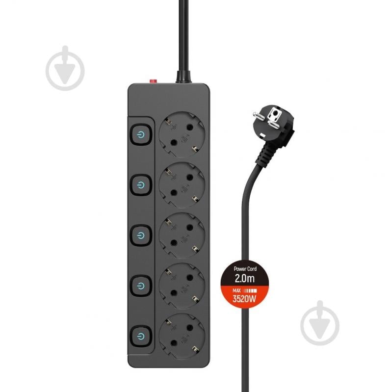 Мережевий фільтр ColorWay із заземленням 5 гн. чорний 2 м CW-PSEA52SBK - фото 2