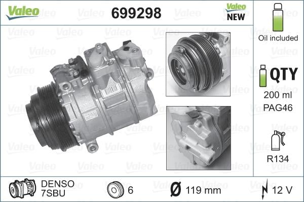 Компрессор кондиционера MERCEDES C(W202) CLK(C208) E(W210) G(W460) M(W163) S(W140) 1.8-5.4 12.79-05.06 699298 VALEO