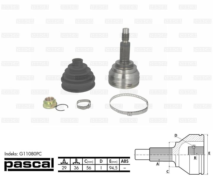 ШРУС зовнішній (29z/36z/56мм) NISSAN MURANO QASHQAI I X-TRAIL RENAULT KOLEOS I 1.6D/2.0D/3.5 08.03- G11080PC PASCAL - фото 1