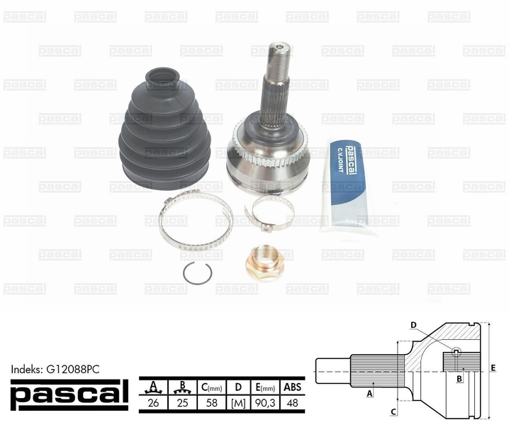 ШРУС зовнішній (26z/25z/58мм ABS48) TOYOTA AVENSIS CARINA E COROLLA 1.4D-2.2D 08.92-11.08 G12088PC PASCAL